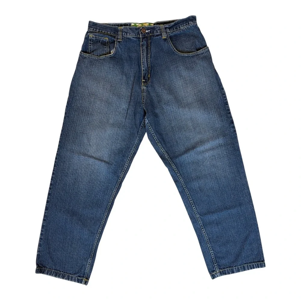 Evolution Design Men Baggy Argyle Pocket Jeans Blue Denim 38x32 Y2K Streetwear